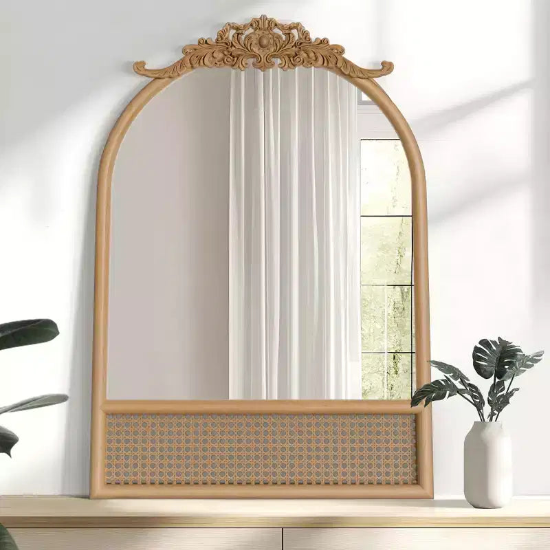 Natural Wood Base Woven Rattan Carved Arch Wall Mirror
