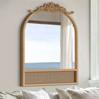 Miroir Mural Arche Sculptée en Rotin Tressé Base en Bois Naturel