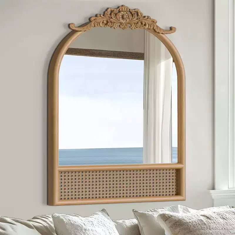Miroir Mural Arche Sculptée en Rotin Tressé Base en Bois Naturel