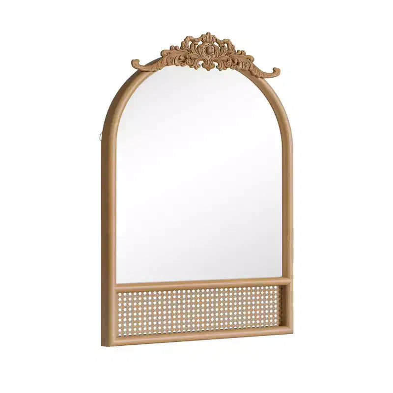 Miroir Mural Arche Sculptée en Rotin Tressé Base en Bois Naturel