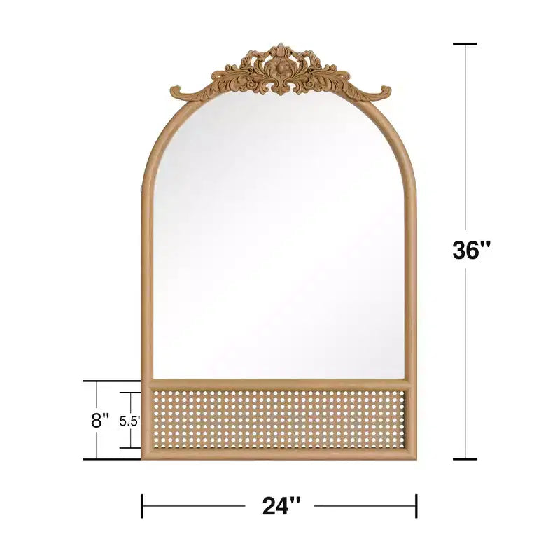 Miroir Mural Arche Sculptée en Rotin Tressé Base en Bois Naturel