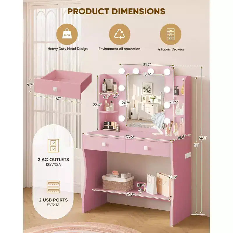 Petite coiffeuse, coiffeuse avec prise de courant, 3 modes d'éclairage et 10 ampoules LED