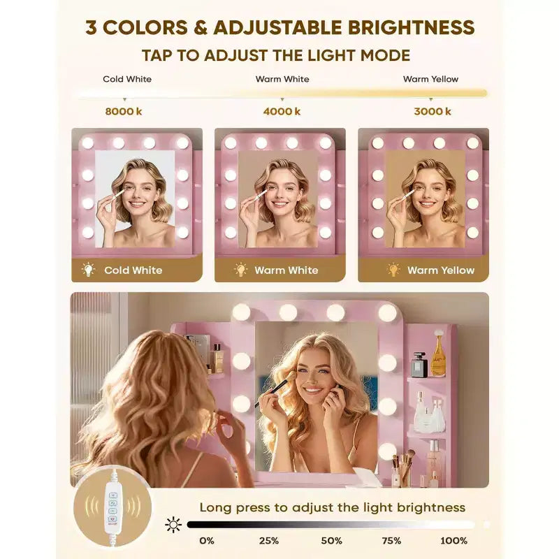 Petite coiffeuse, coiffeuse avec prise de courant, 3 modes d'éclairage et 10 ampoules LED