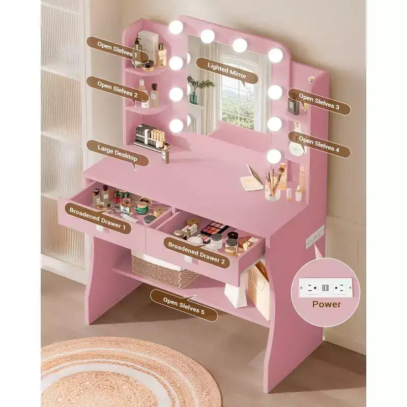 Petite coiffeuse, coiffeuse avec prise de courant, 3 modes d'éclairage et 10 ampoules LED