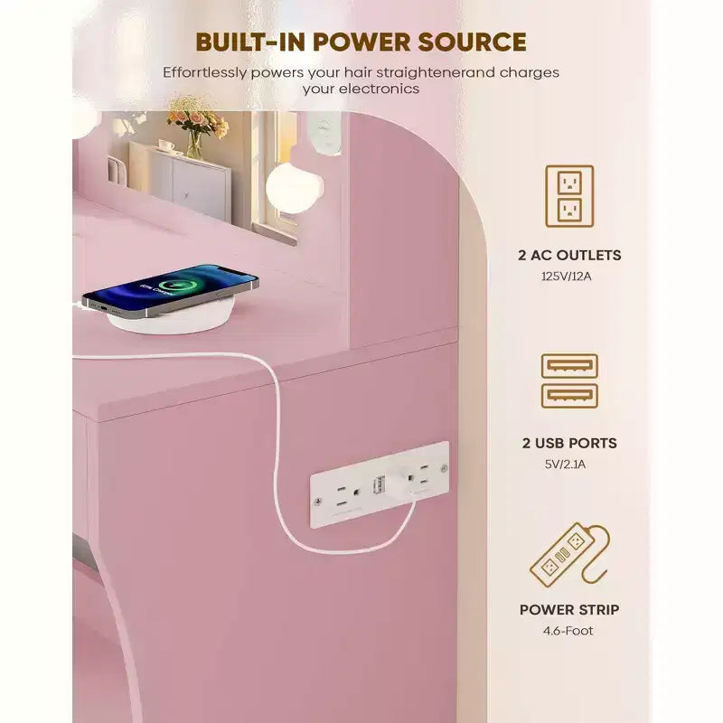 Petite coiffeuse, coiffeuse avec prise de courant, 3 modes d'éclairage et 10 ampoules LED