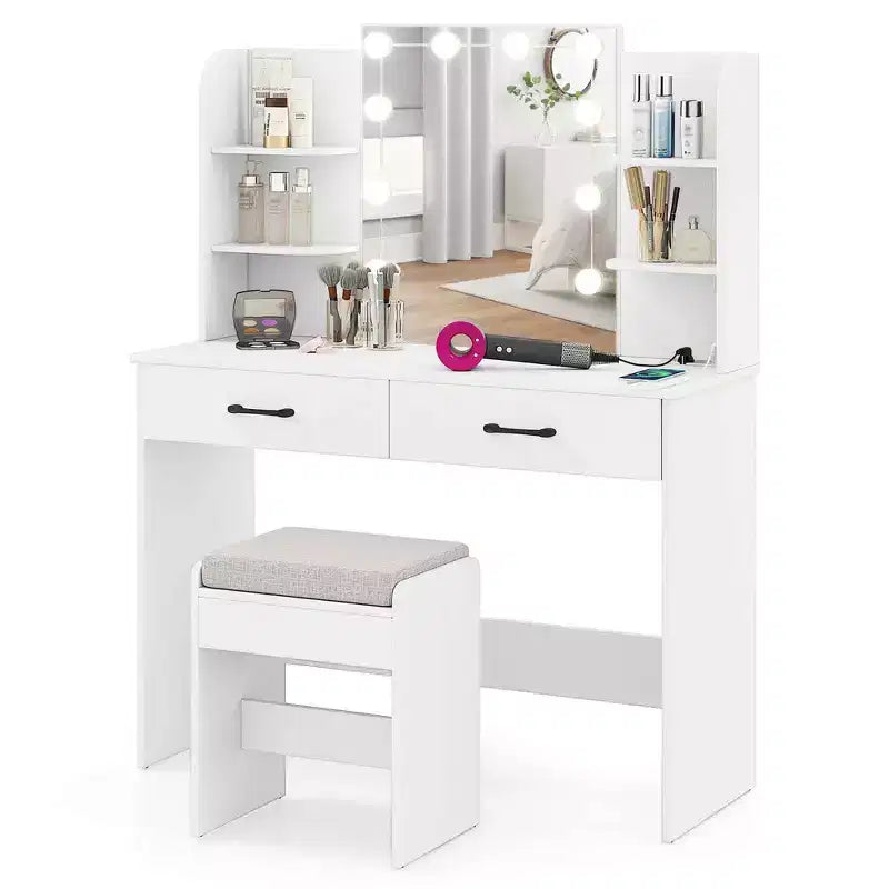 Coiffeuse de maquillage avec miroir éclairé et station de recharge – LED dimmable 3 couleurs, blanc/noir