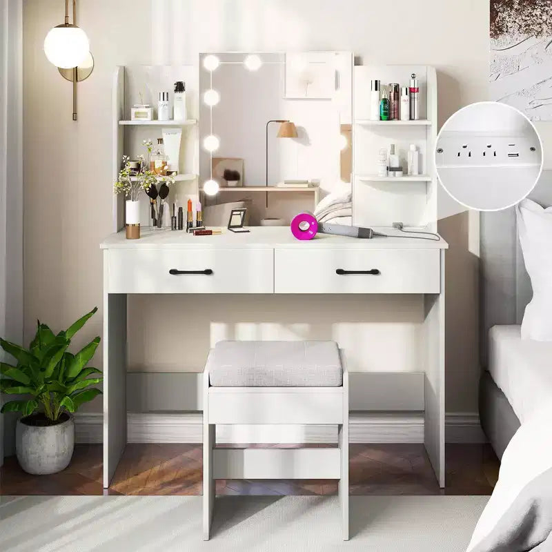 Coiffeuse de maquillage avec miroir éclairé et station de recharge – LED dimmable 3 couleurs, blanc/noir