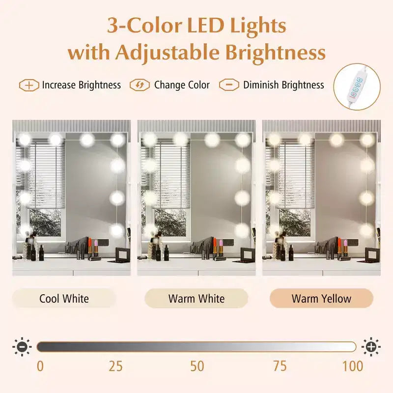 Coiffeuse de maquillage avec miroir éclairé et station de recharge – LED dimmable 3 couleurs, blanc/noir