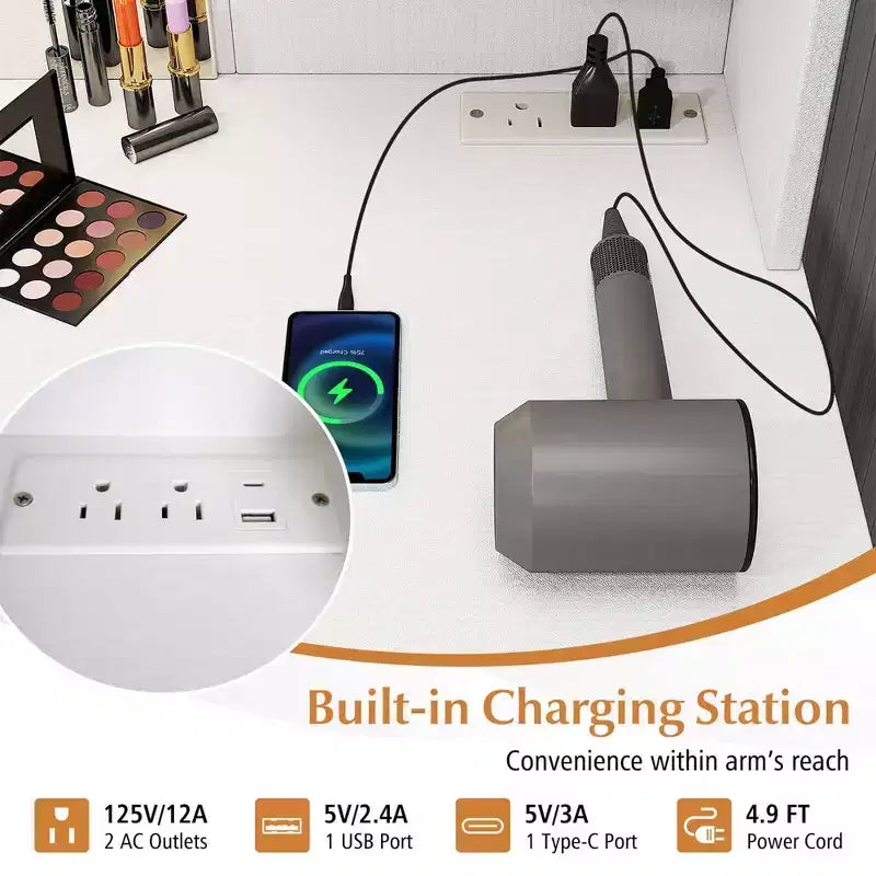 Coiffeuse de maquillage avec miroir éclairé et station de recharge – LED dimmable 3 couleurs, blanc/noir