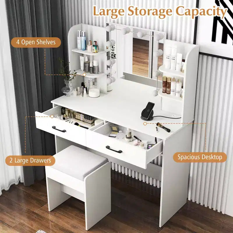 Coiffeuse de maquillage avec miroir éclairé et station de recharge – LED dimmable 3 couleurs, blanc/noir