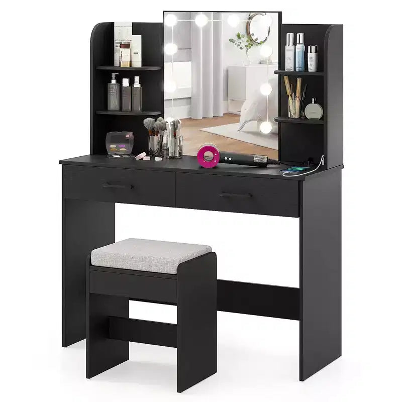Coiffeuse de maquillage avec miroir éclairé et station de recharge – LED dimmable 3 couleurs, blanc/noir