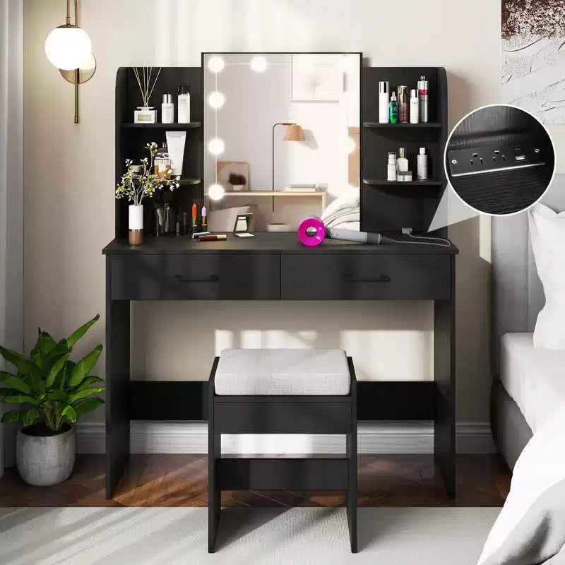 Coiffeuse de maquillage avec miroir éclairé et station de recharge – LED dimmable 3 couleurs, blanc/noir
