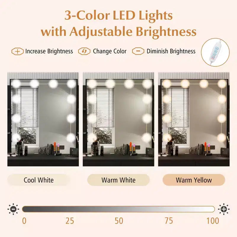 Coiffeuse de maquillage avec miroir éclairé et station de recharge – LED dimmable 3 couleurs, blanc/noir