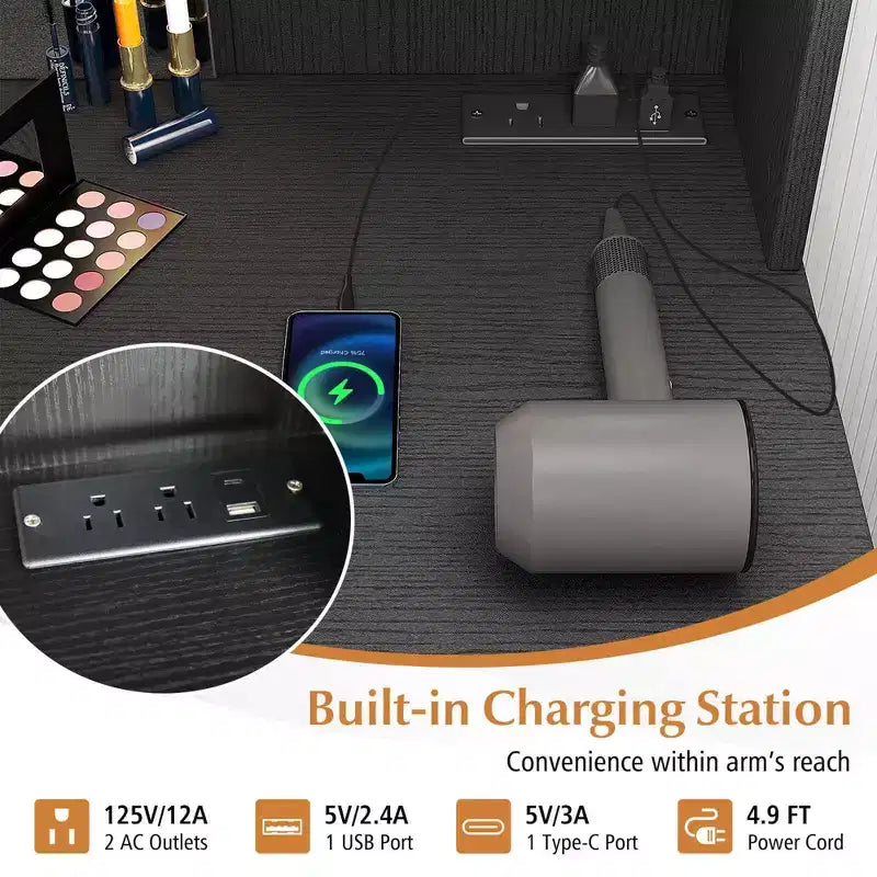 Coiffeuse de maquillage avec miroir éclairé et station de recharge – LED dimmable 3 couleurs, blanc/noir