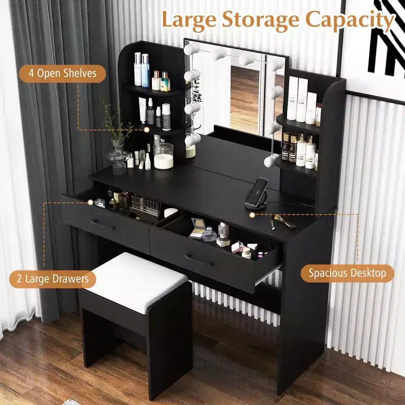 Coiffeuse de maquillage avec miroir éclairé et station de recharge – LED dimmable 3 couleurs, blanc/noir