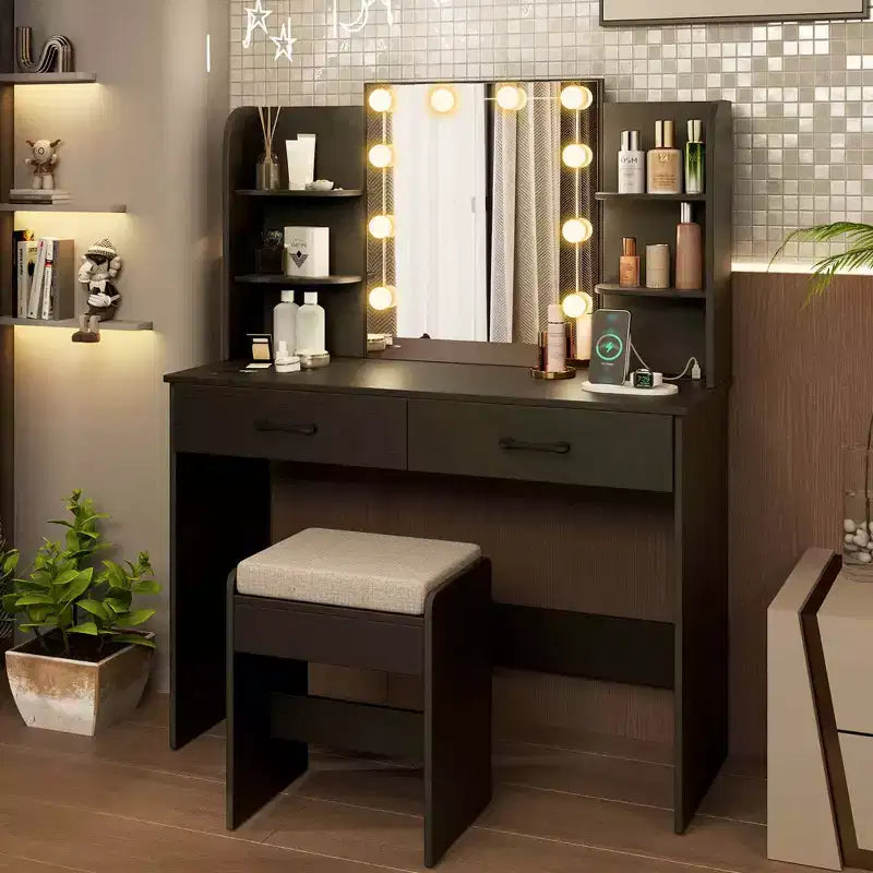 Costway Makeup Vanity Desk with Lighted Mirror Charging Station 3-Color Dimmable LED Lights White/Black