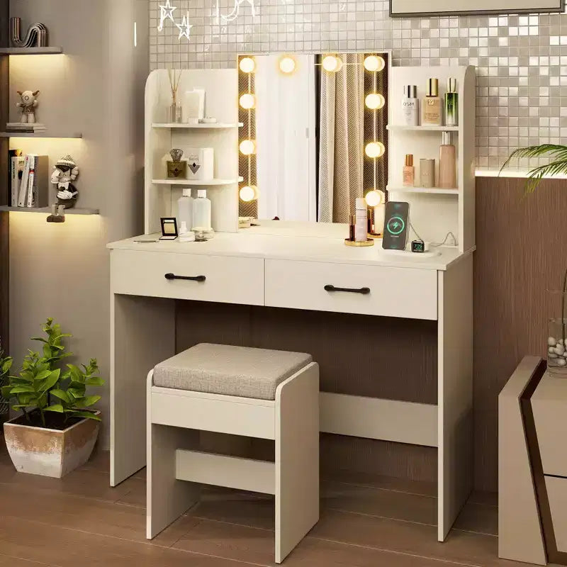 Coiffeuse de maquillage avec miroir éclairé et station de recharge – LED dimmable 3 couleurs, blanc/noir