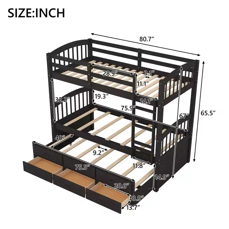 Lit superposé double en bois avec échelle, lit gigogne et 3 tiroirs – 181 kg
