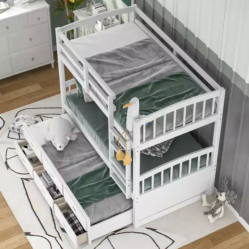 Lit superposé double en bois avec échelle, lit gigogne et 3 tiroirs – 181 kg