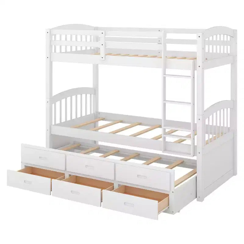 Lit superposé double en bois avec échelle, lit gigogne et 3 tiroirs – 181 kg