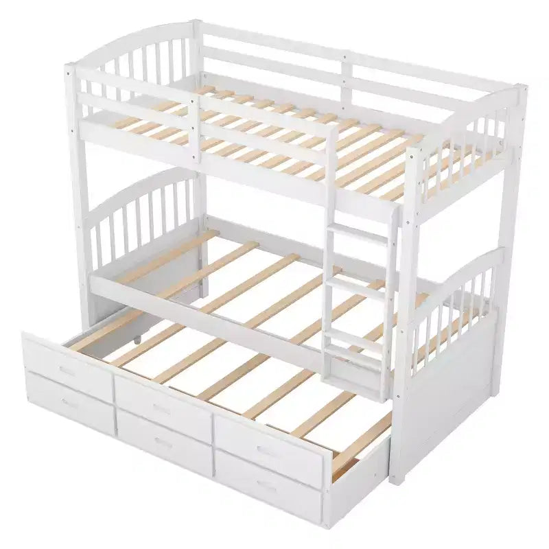Lit superposé double en bois avec échelle, lit gigogne et 3 tiroirs – 181 kg