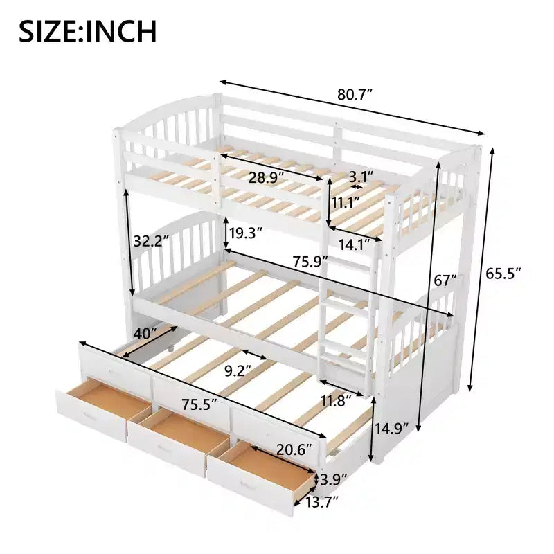 Lit superposé double en bois avec échelle, lit gigogne et 3 tiroirs – 181 kg