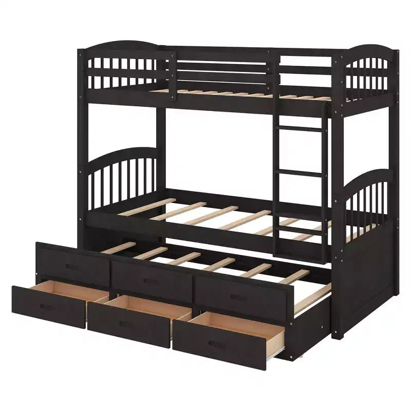 Lit superposé double en bois avec échelle, lit gigogne et 3 tiroirs – 181 kg