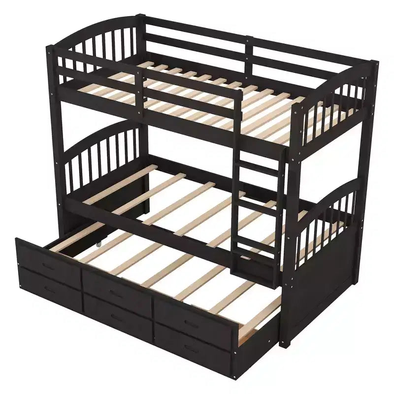 Lit superposé double en bois avec échelle, lit gigogne et 3 tiroirs – 181 kg