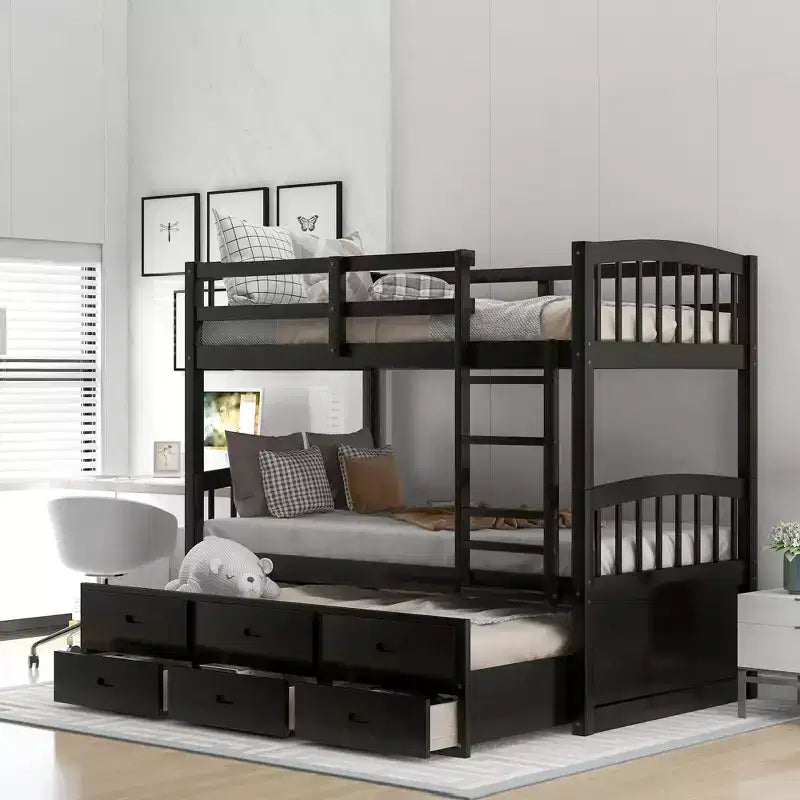 Whisen Twin over Twin Wood Bunk Bed with Ladder, Trundle and Drawers