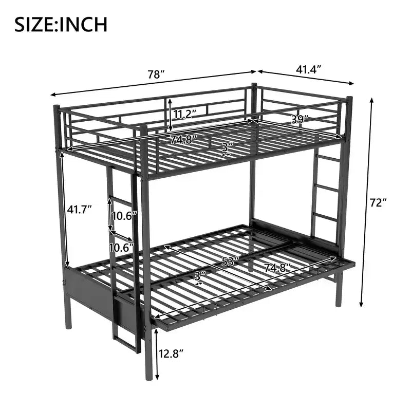 Lit superposé en métal une place et demie avec lit inférieur réglable – Noir, Multifonction