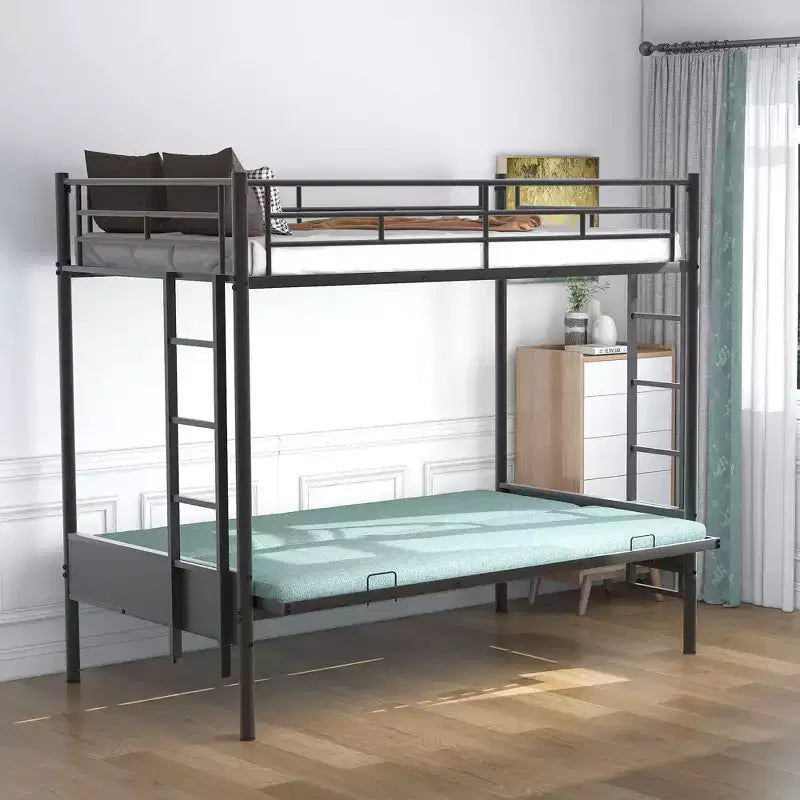 Lit superposé en métal une place et demie avec lit inférieur réglable – Noir, Multifonction