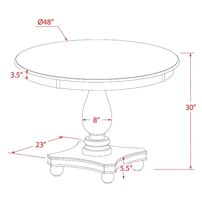 Table de salle à manger ronde avec pied central – 48 po en hévéa, 2-4 places