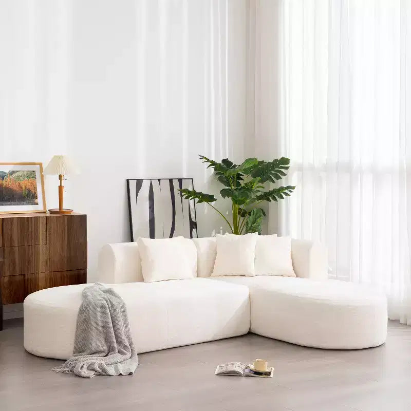 Canapé d'angle 274 cm avec assise incurvée et surpiqûres larges – Beige/Gris, 4 places