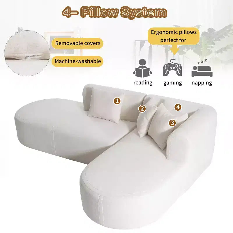 Canapé d'angle 274 cm avec assise incurvée et surpiqûres larges – Beige/Gris, 4 places