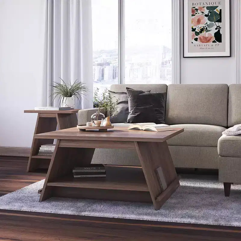 Table basse A-Frame avec étagère porte-revues – Noyer