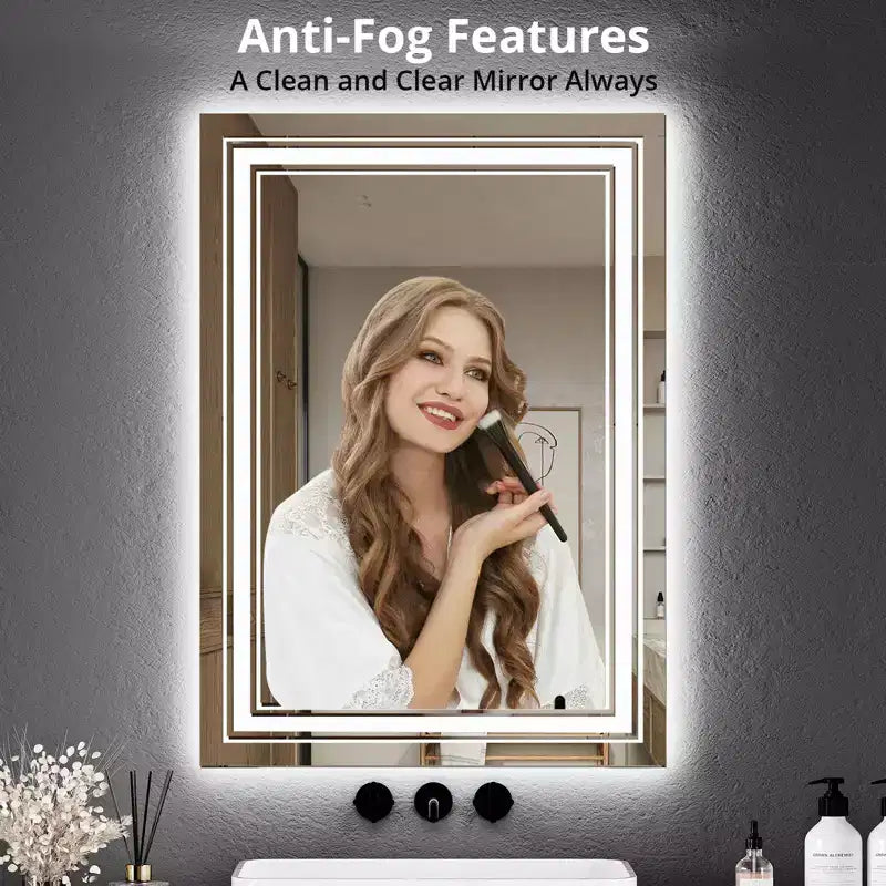 Large Bathroom Mirror with LED Lights, LED Vanity Mirror for Bathroom, 3 Adjustable Colors of Lights, Anti-Fog, Backlit + Front Lit, Stepless Dimming
