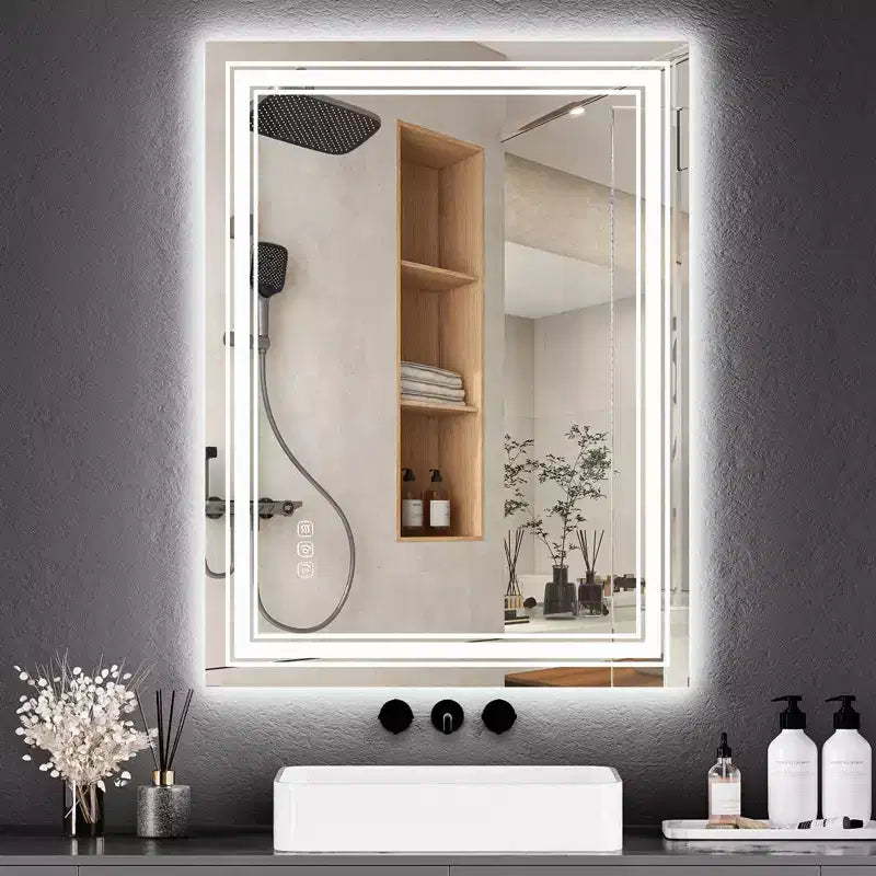 Grand miroir de salle de bain avec lumières LED, miroir de maquillage LED pour salle de bain, 3 couleurs de lumière réglables, anti-buée, rétroéclairé + éclairage avant, gradation continue
