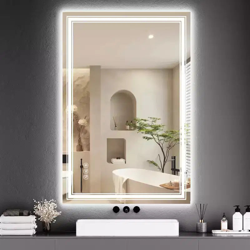 Grand miroir de salle de bain avec lumières LED, miroir de maquillage LED pour salle de bain, 3 couleurs de lumière réglables, anti-buée, rétroéclairé + éclairage avant, gradation continue
