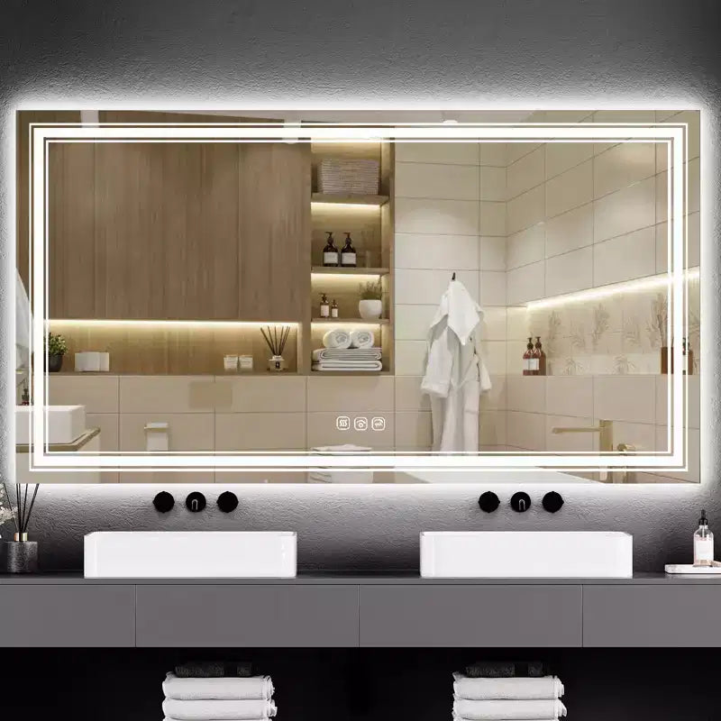 Grand miroir de salle de bain avec lumières LED, miroir de maquillage LED pour salle de bain, 3 couleurs de lumière réglables, anti-buée, rétroéclairé + éclairage avant, gradation continue