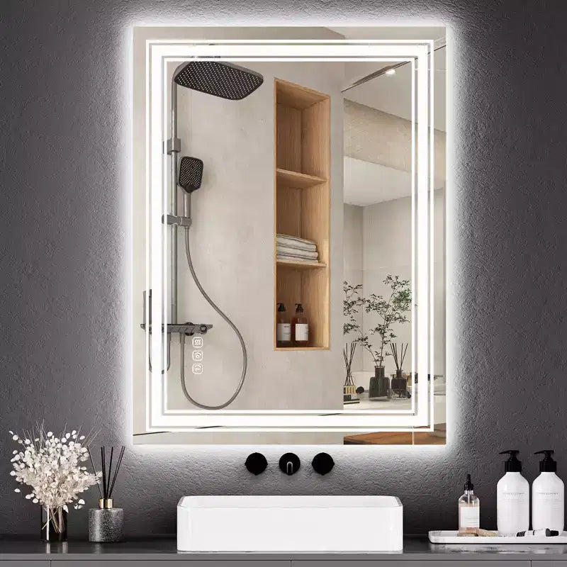 Grand miroir de salle de bain avec lumières LED, miroir de maquillage LED pour salle de bain, 3 couleurs de lumière réglables, anti-buée, rétroéclairé + éclairage avant, gradation continue
