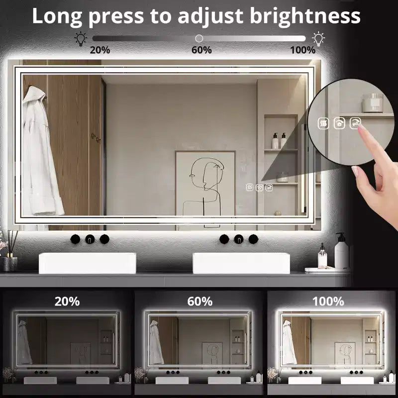 Grand miroir de salle de bain avec lumières LED, miroir de maquillage LED pour salle de bain, 3 couleurs de lumière réglables, anti-buée, rétroéclairé + éclairage avant, gradation continue
