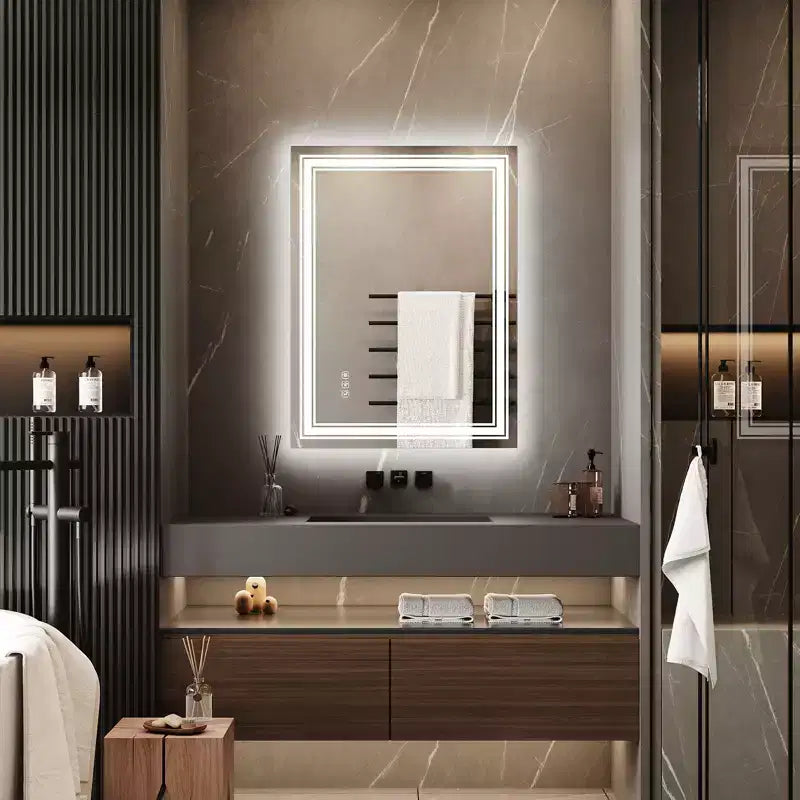 Grand miroir de salle de bain avec lumières LED, miroir de maquillage LED pour salle de bain, 3 couleurs de lumière réglables, anti-buée, rétroéclairé + éclairage avant, gradation continue