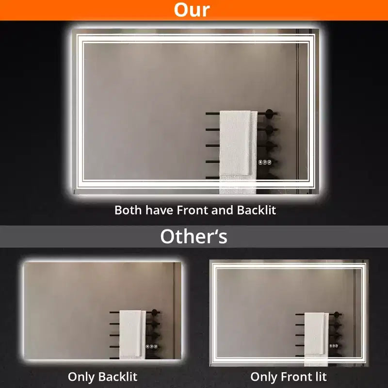 Grand miroir de salle de bain avec lumières LED, miroir de maquillage LED pour salle de bain, 3 couleurs de lumière réglables, anti-buée, rétroéclairé + éclairage avant, gradation continue