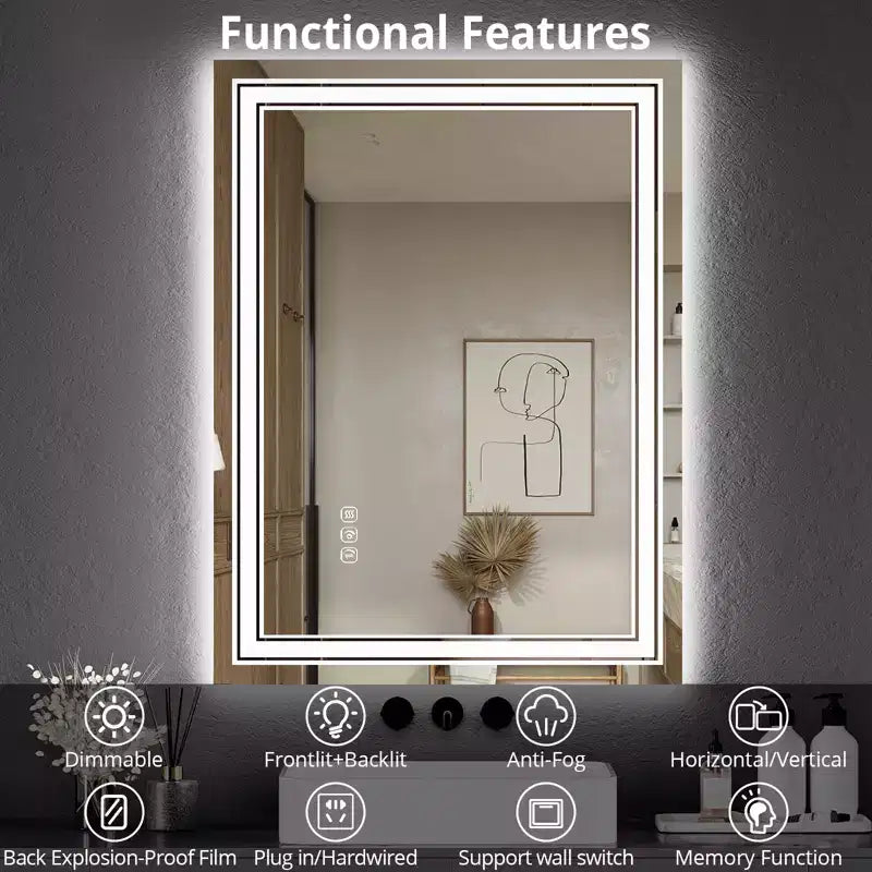 Grand miroir de salle de bain avec lumières LED, miroir de maquillage LED pour salle de bain, 3 couleurs de lumière réglables, anti-buée, rétroéclairé + éclairage avant, gradation continue