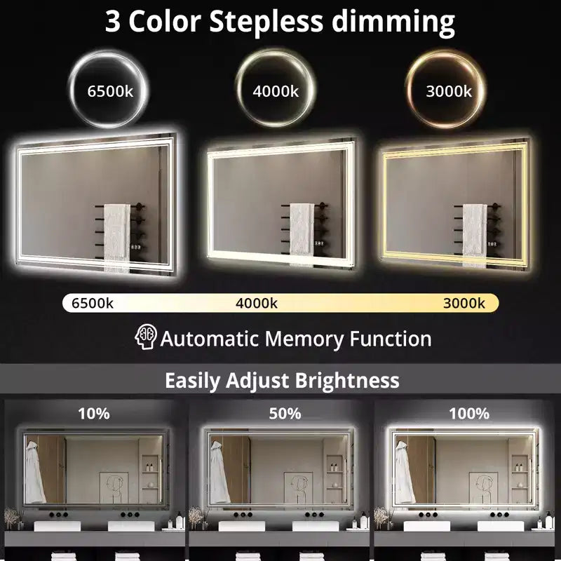 Grand miroir de salle de bain avec lumières LED, miroir de maquillage LED pour salle de bain, 3 couleurs de lumière réglables, anti-buée, rétroéclairé + éclairage avant, gradation continue