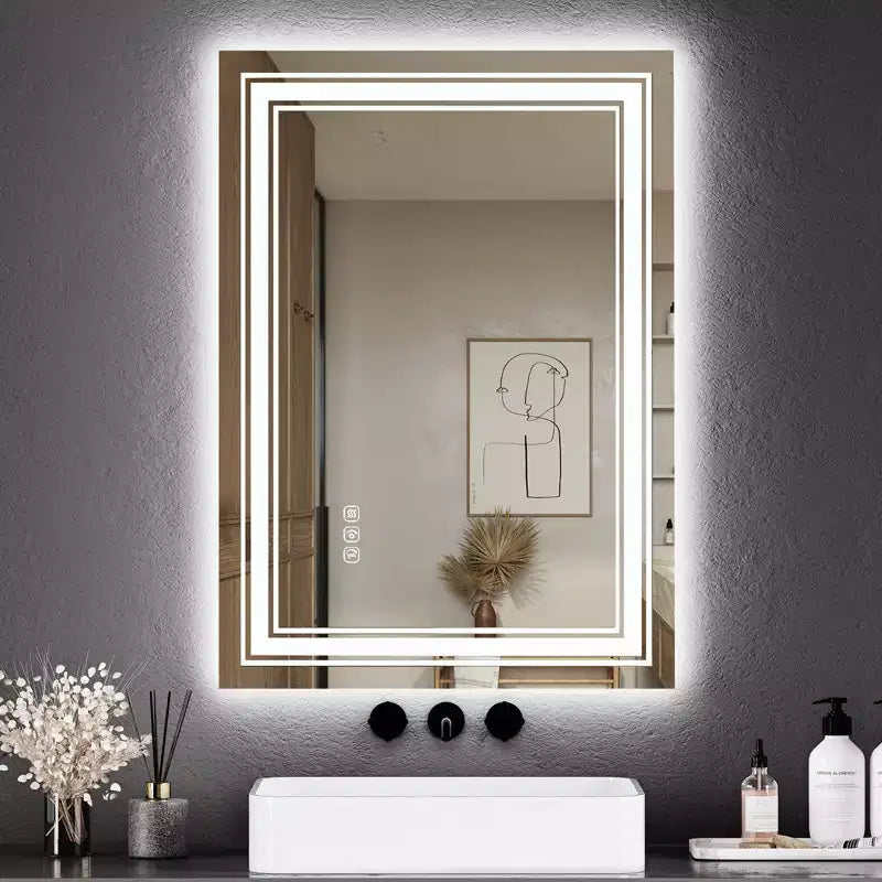 Grand miroir de salle de bain avec lumières LED, miroir de maquillage LED pour salle de bain, 3 couleurs de lumière réglables, anti-buée, rétroéclairé + éclairage avant, gradation continue