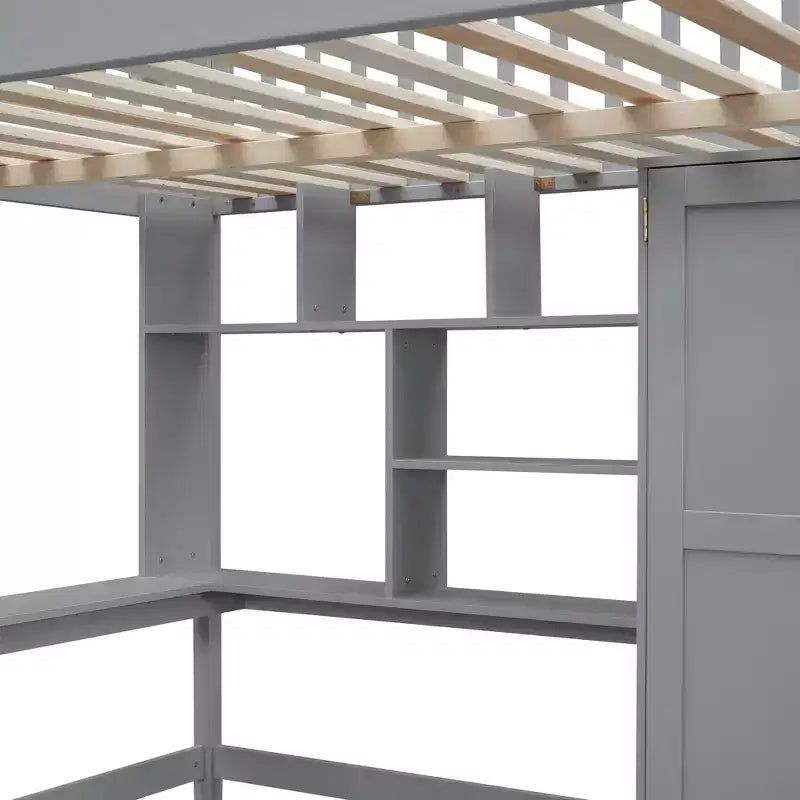 Lit mezzanine en bois pleine grandeur avec étagère, tiroirs, bureau et armoire – 159 kg