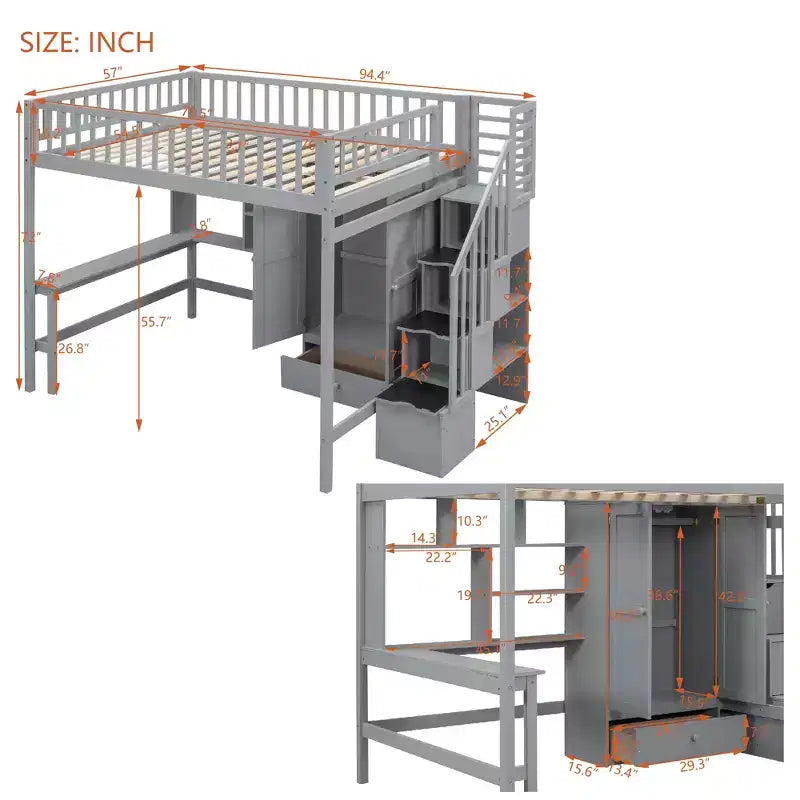 Lit mezzanine en bois pleine grandeur avec étagère, tiroirs, bureau et armoire – 159 kg