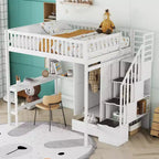 Lit mezzanine en bois pleine grandeur avec étagère, tiroirs, bureau et armoire – 159 kg