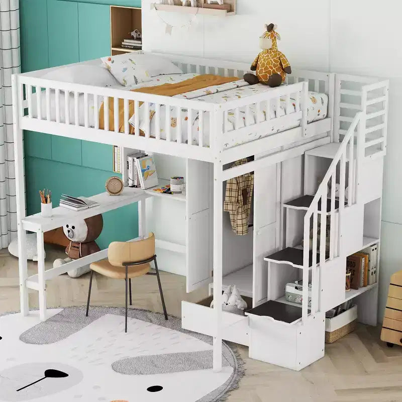 Lit mezzanine en bois pleine grandeur avec étagère, tiroirs, bureau et armoire – 159 kg